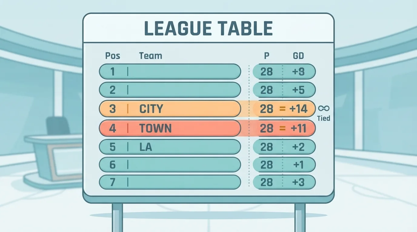 Classement affiché sur un écran avec deux équipes à égalité de points