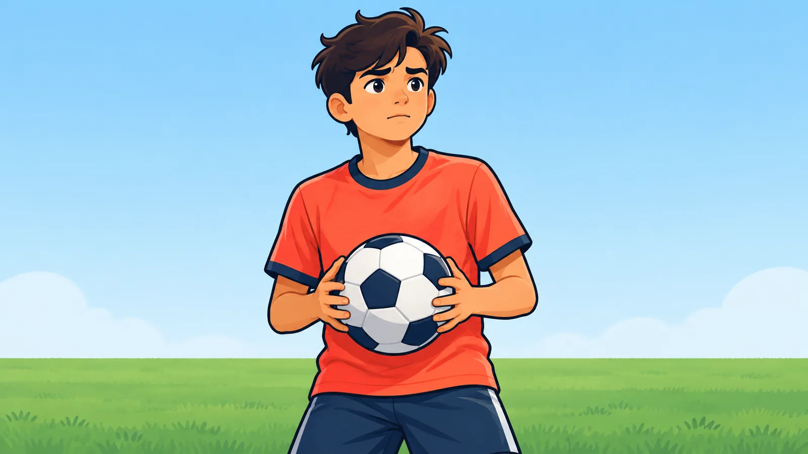 Joueur débutant tenant un ballon de football sur un terrain en herbe