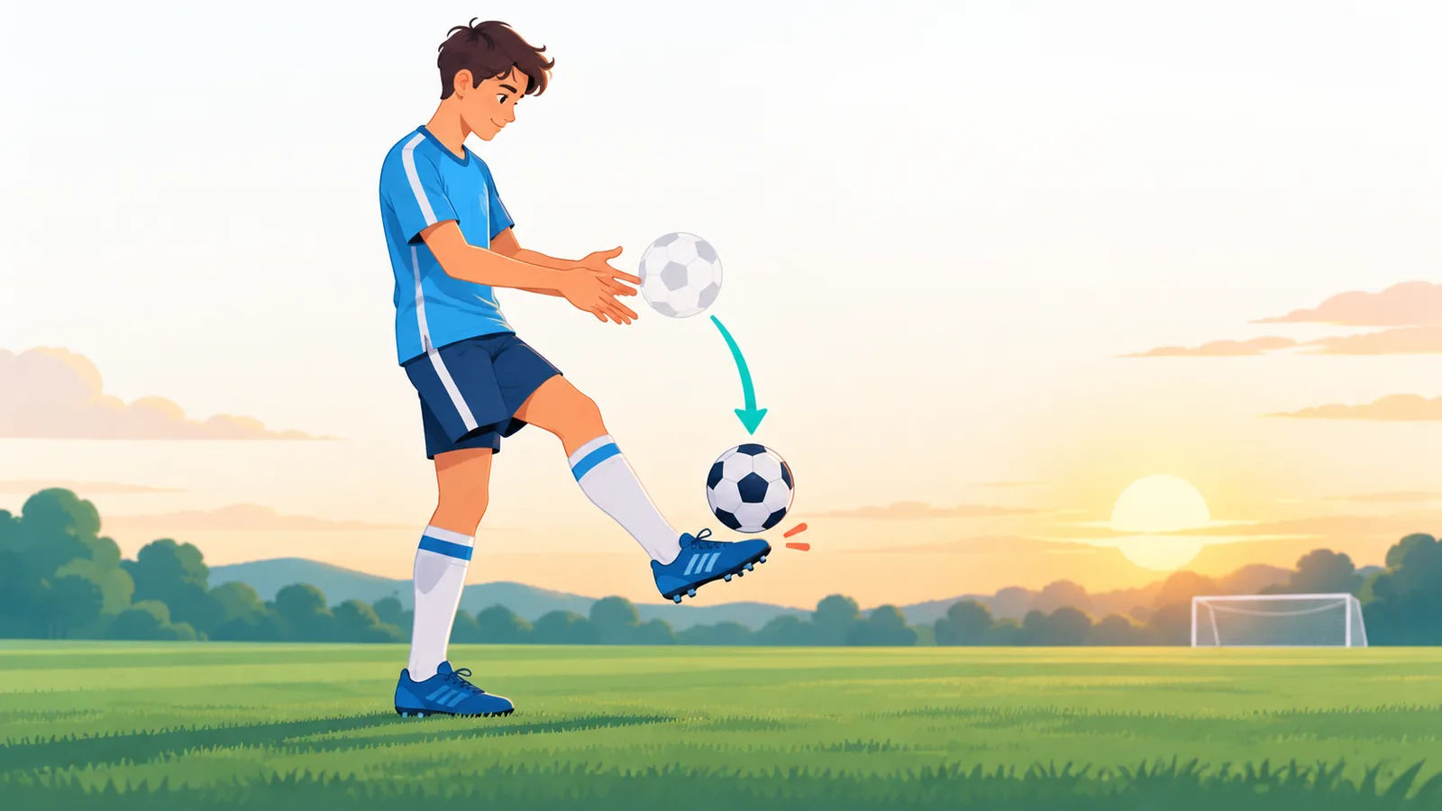 Joueur lâchant le ballon pour une première frappe