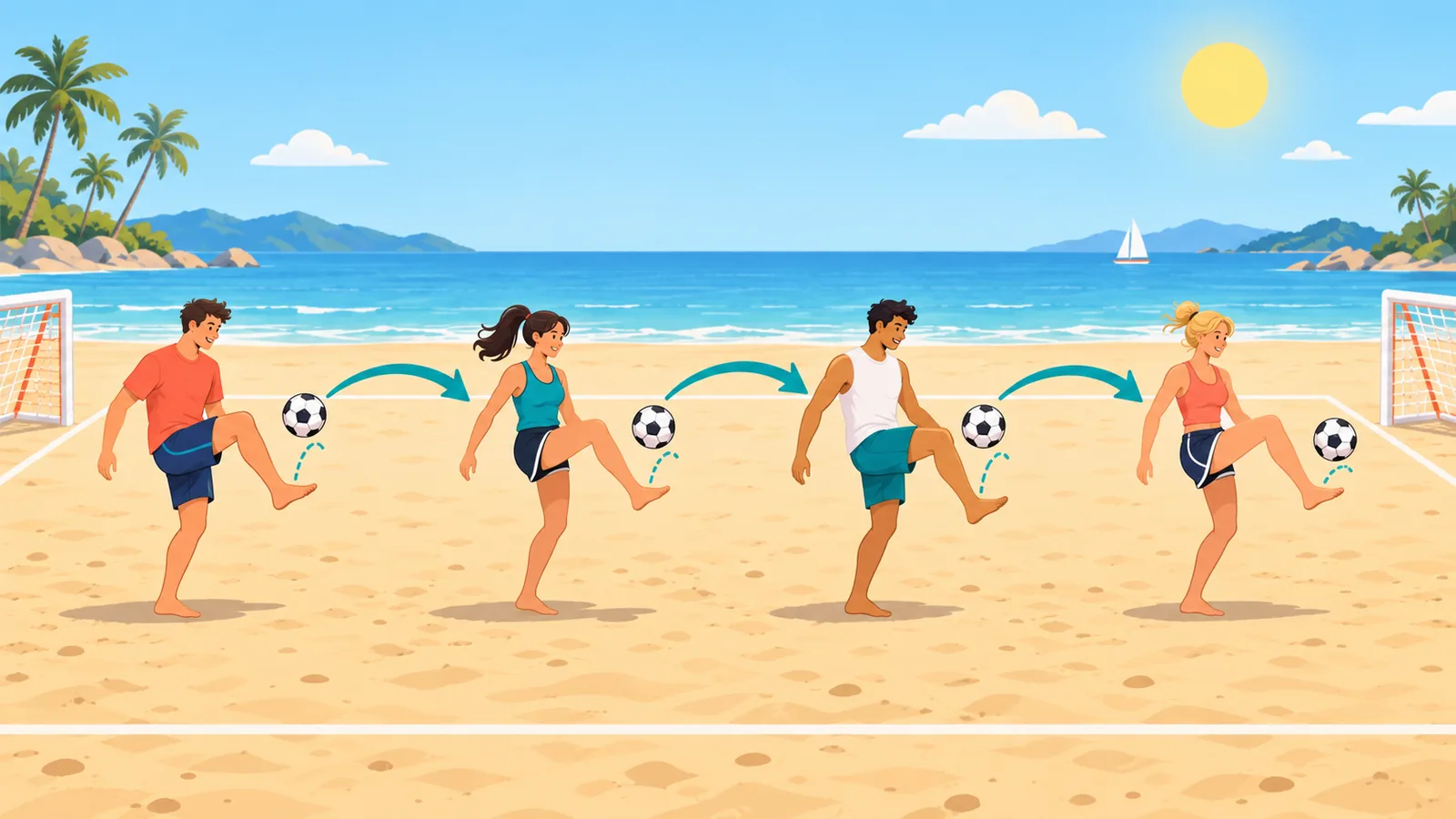 Relais de jonglerie sur un terrain de beach soccer