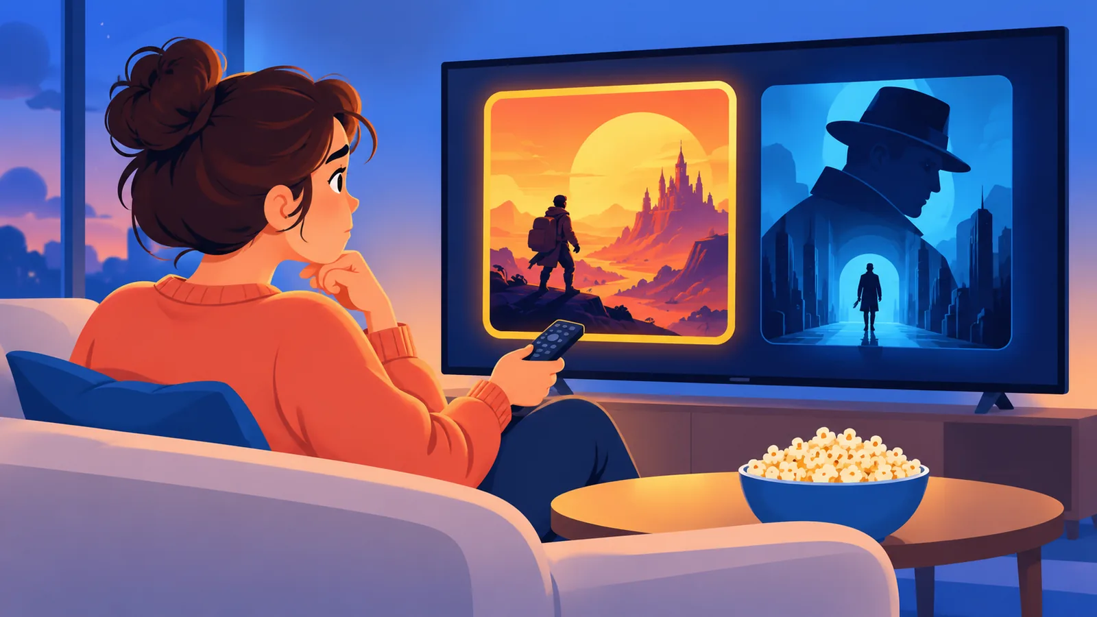 Une personne choisit un film sur un écran de télévision dans un salon, un bol de pop-corn posé sur la table