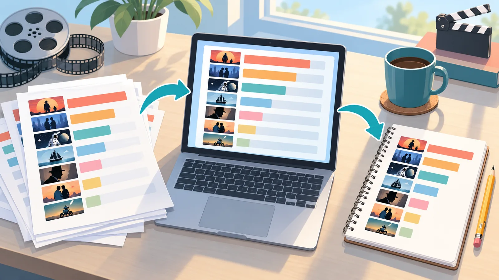 Un bureau de critique avec des classements imprimés, un ordinateur portable et un bloc-notes