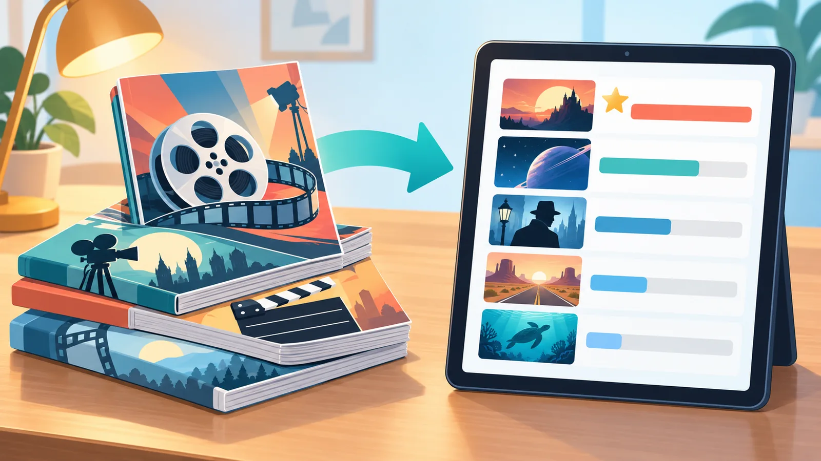 Des piles de magazines de cinéma et une tablette affichant un classement
