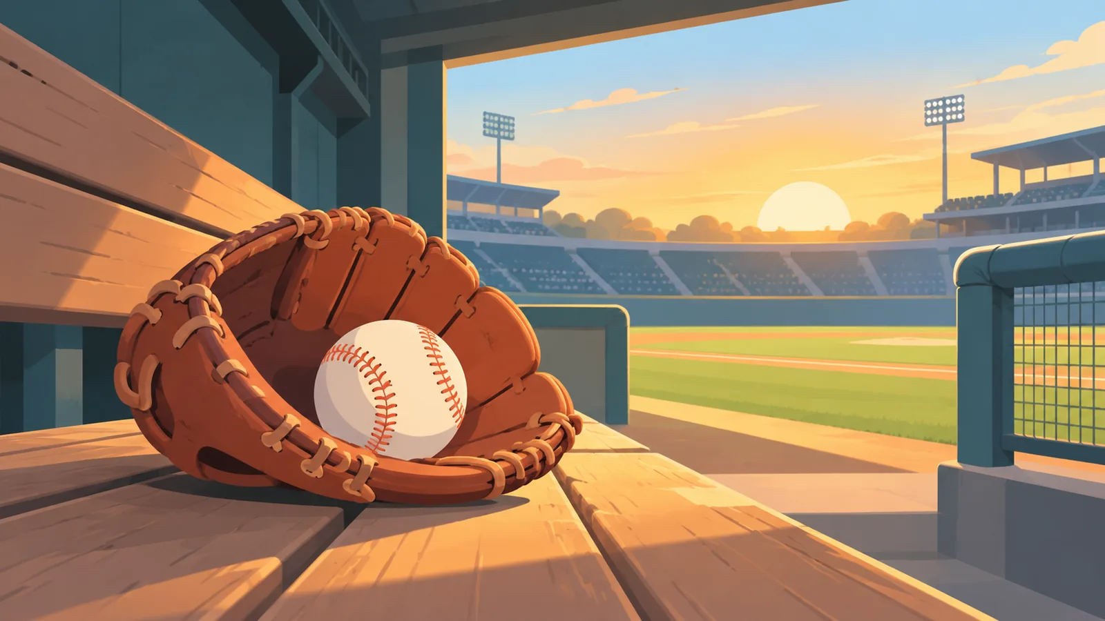 Un gant et une balle de baseball posés sur un banc en bois dans un abri de stade vide