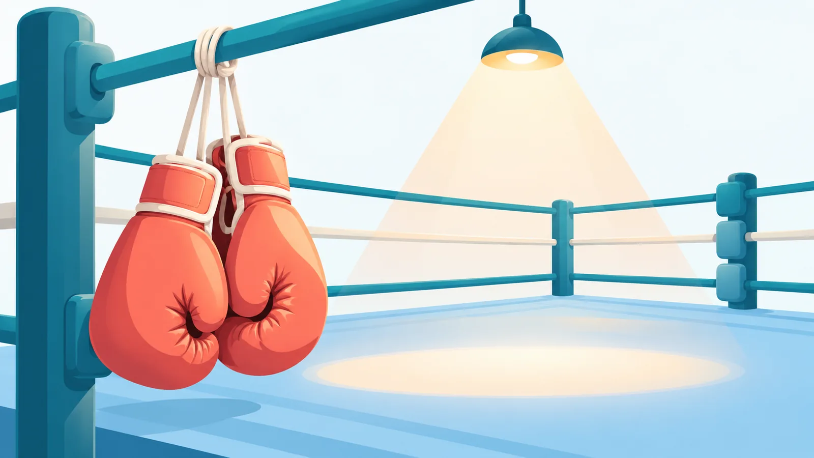 Des gants de boxe suspendus aux cordes d’un ring vide sous une lumière dramatique