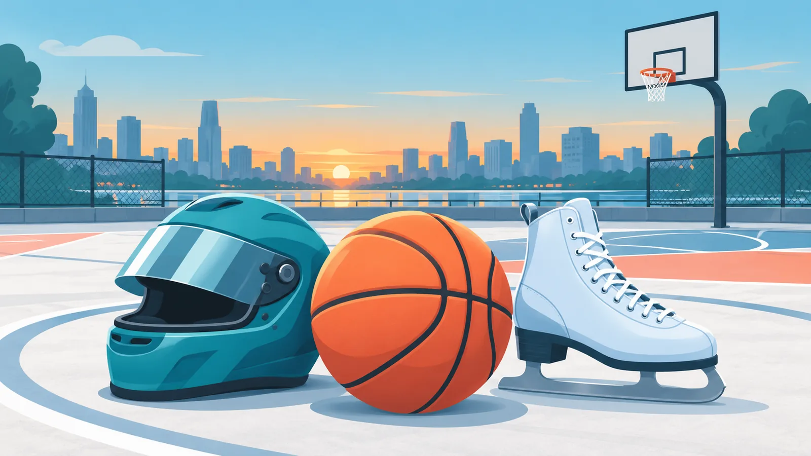 Un ballon de basket sur un terrain extérieur au crépuscule, avec un casque de course et un patin à glace