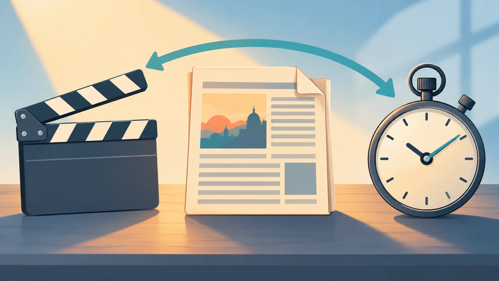 Un clap de cinéma à côté d’une coupure de presse ancienne et d’un chronomètre