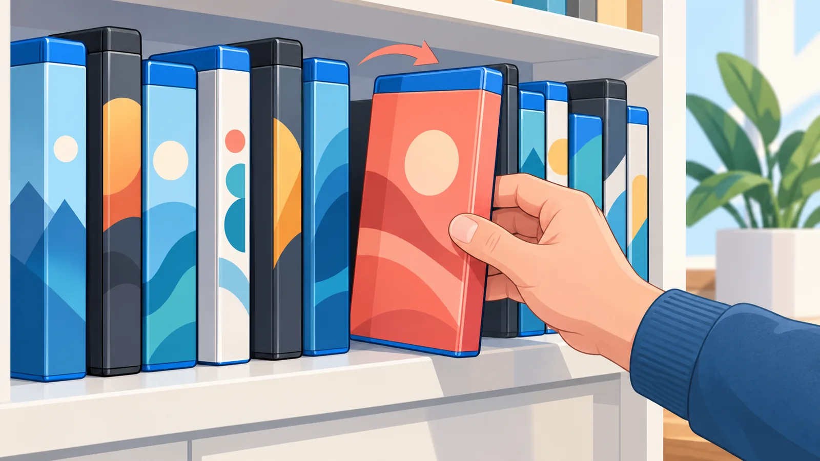 Une étagère de collectionneur remplie de boîtiers Blu-ray et DVD, une main en sortant un