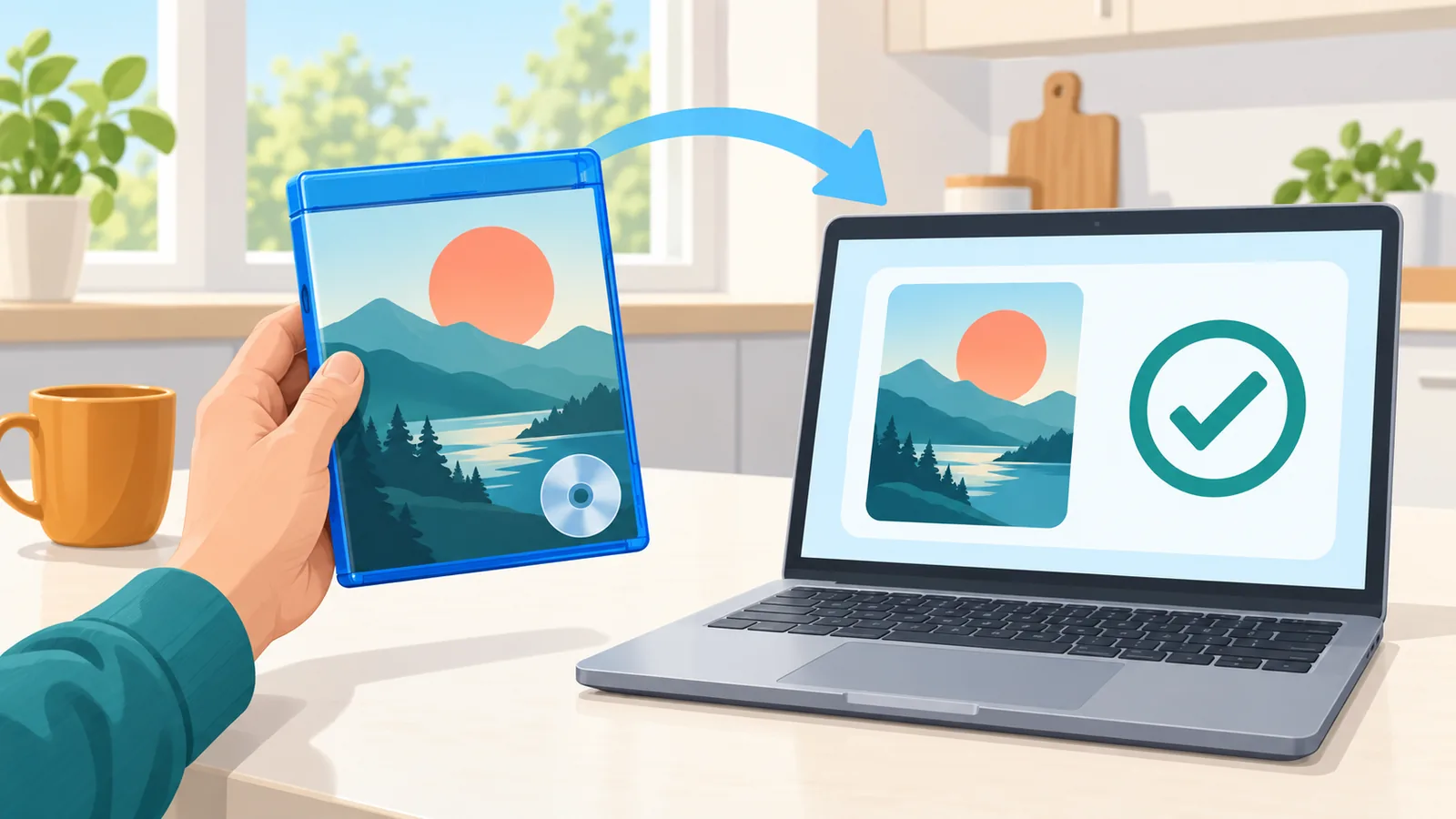 Une main tenant un boîtier Blu-ray tout en consultant un ordinateur portable sur une table de cuisine