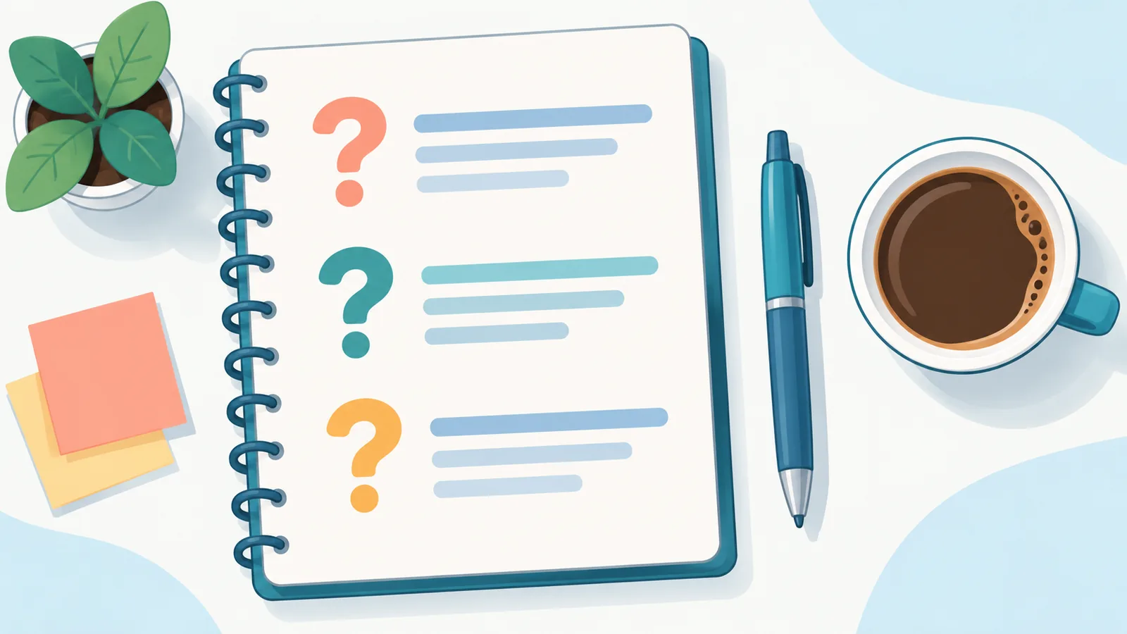 Un carnet avec une liste de questions, un stylo et une tasse de café, vus du dessus