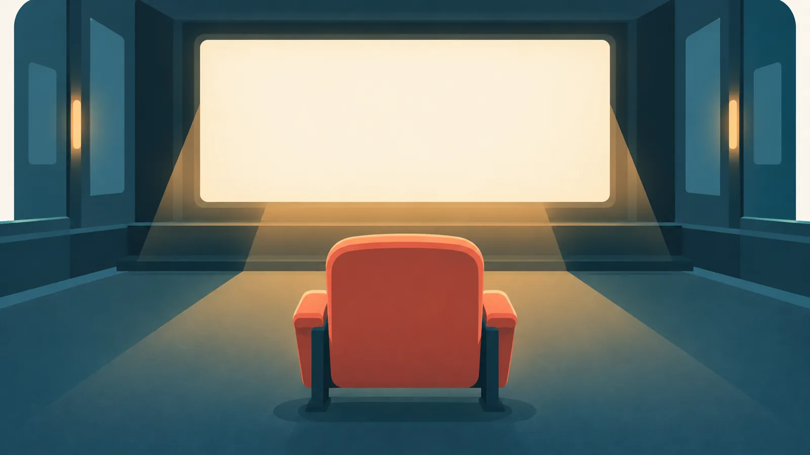 Un siège de cinéma dans une salle sombre face à un écran lumineux, vu de dos