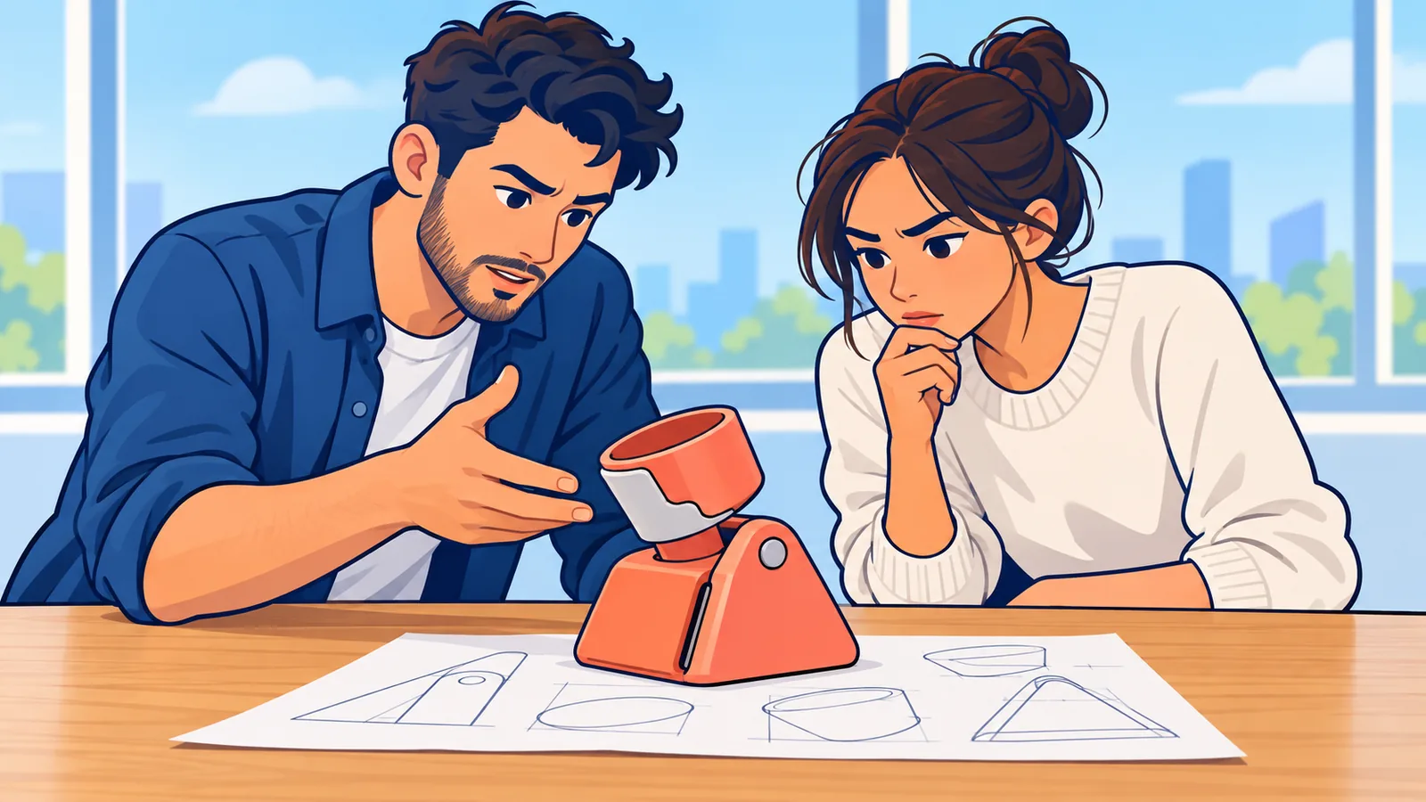 Deux fondateurs examinant un prototype dans un espace de coworking
