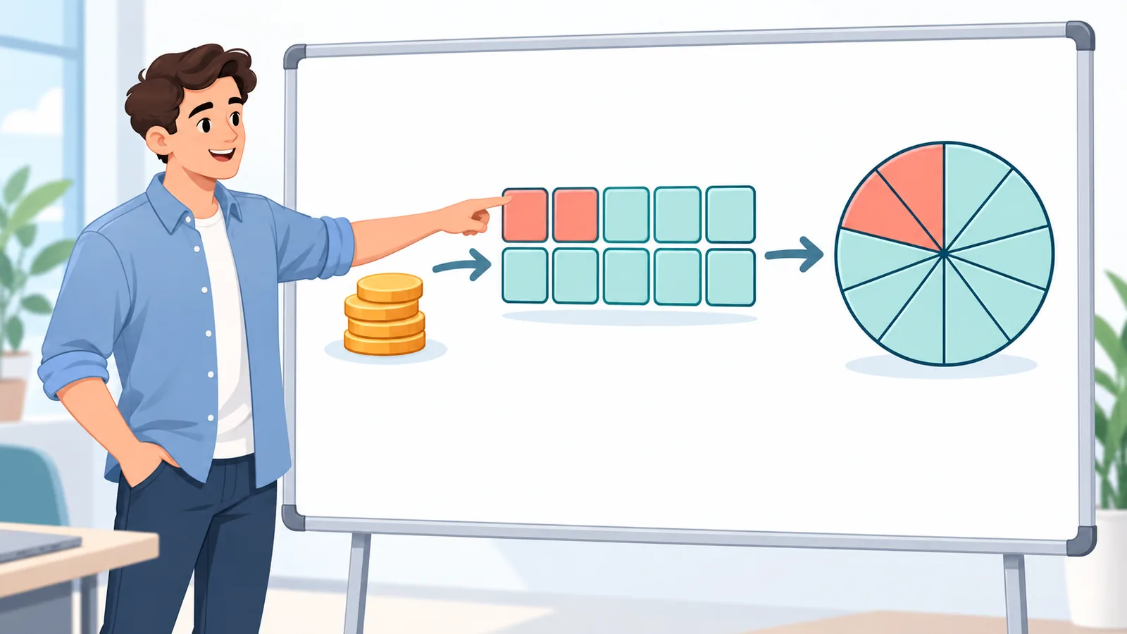 Schéma de conversion d’un investissement en actions sur un tableau blanc