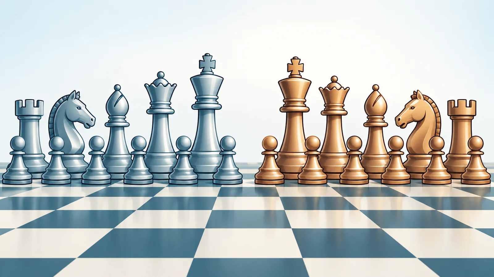 Rangée de pièces d’échecs argentées et bronze alignées sur un plateau