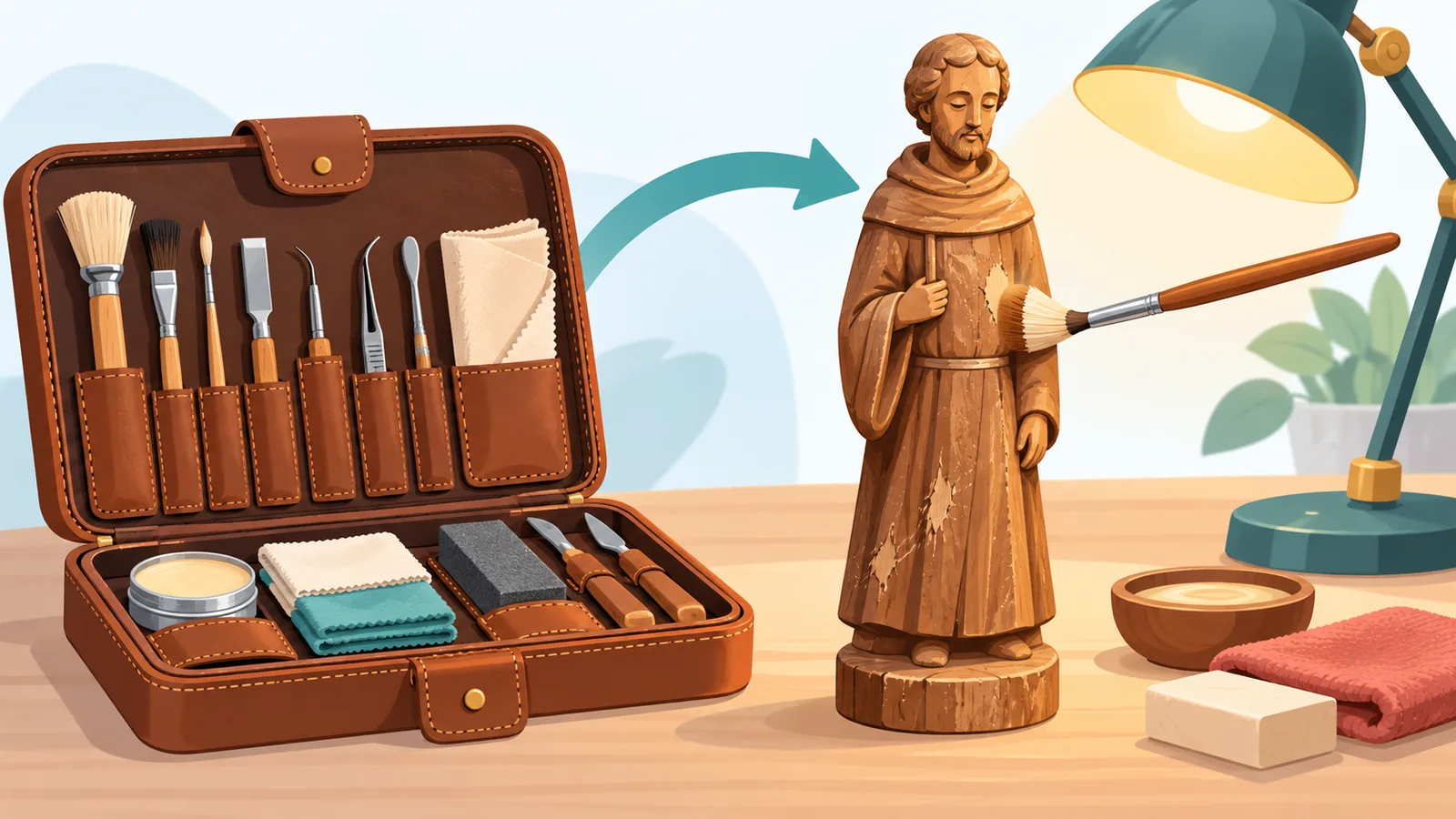 Figurine en bois restaurée sur un établi avec une trousse d’outils ouverte