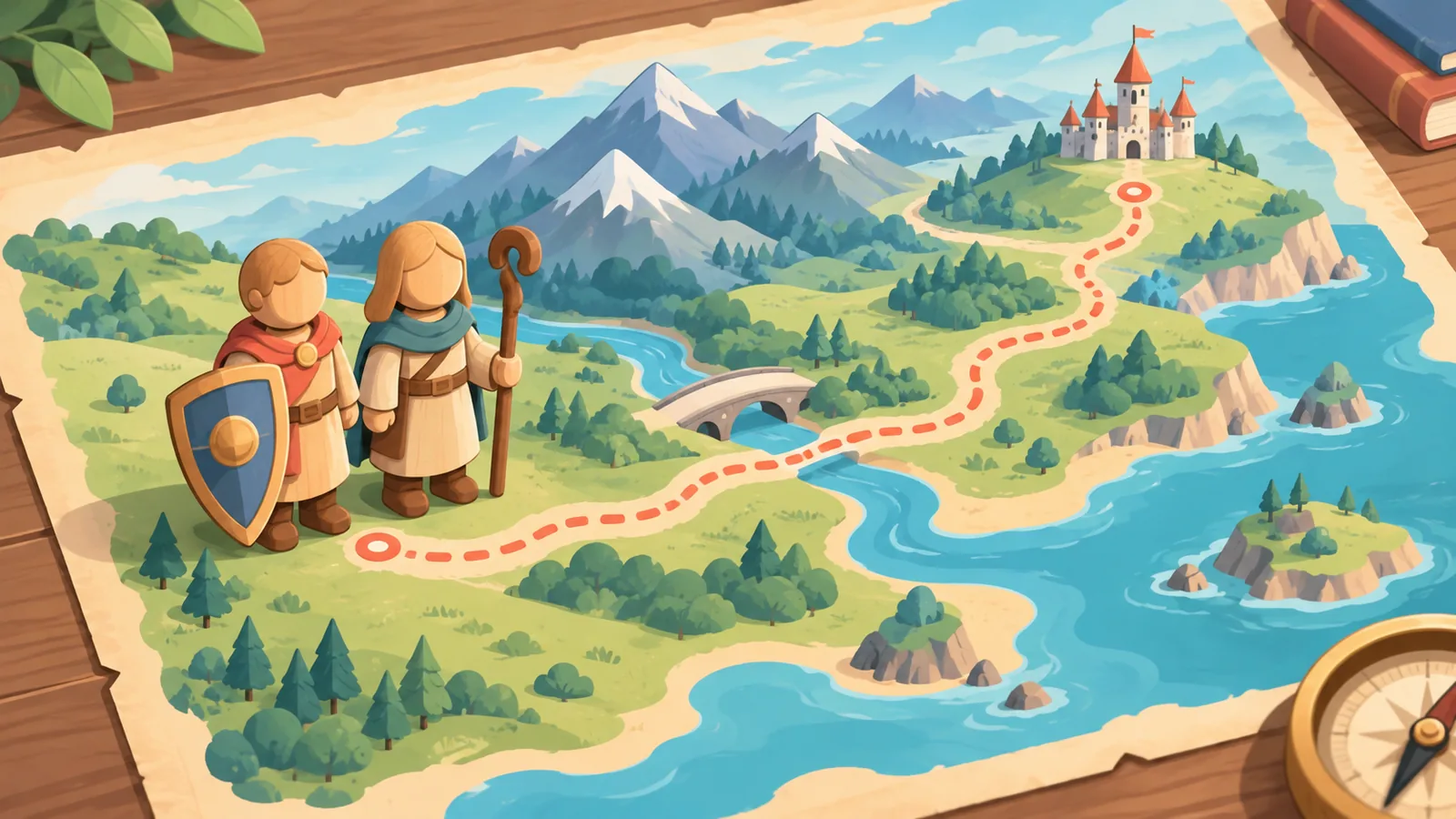 Deux figurines en bois côte à côte sur une carte, l’une avec un bouclier, l’autre avec un bâton