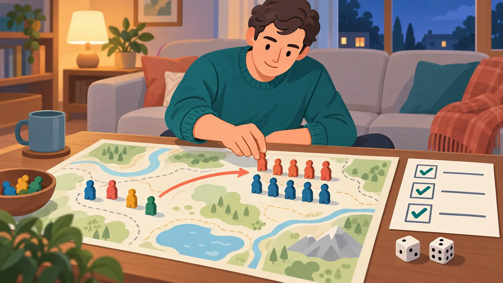 Joueur disposant des figurines en formation sur une grande carte, avec une checklist à côté