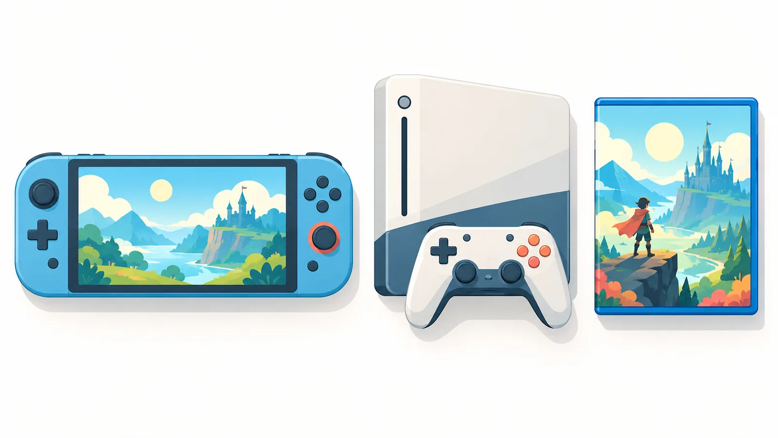 Console portable, console de salon et boîtier de jeu alignés sur une table claire