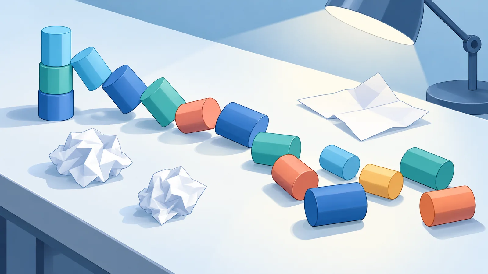 Pile de pièces de jeu renversée et notes froissées sur un bureau