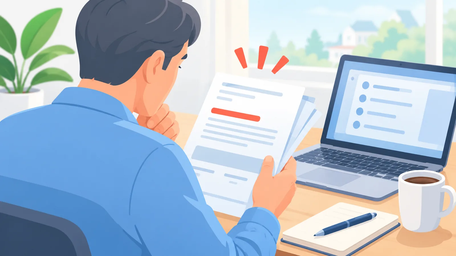 Une personne examine un avis d’imposition à son bureau près d’un ordinateur portable