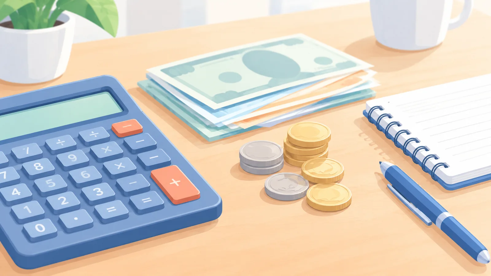 Une calculatrice, des pièces et des billets posés sur un bureau