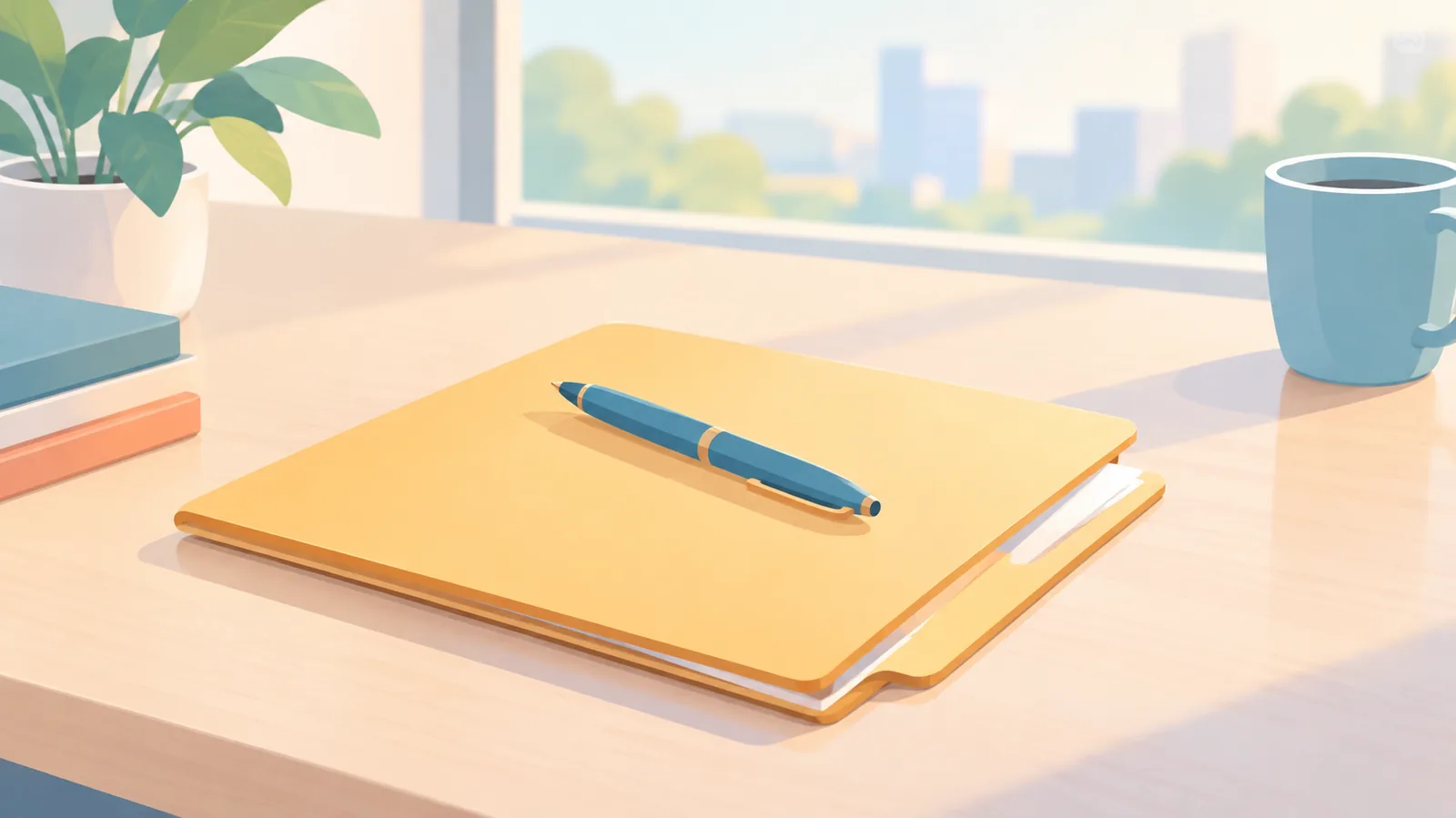 Un dossier refermé avec un stylo posé dessus sur un bureau dégagé
