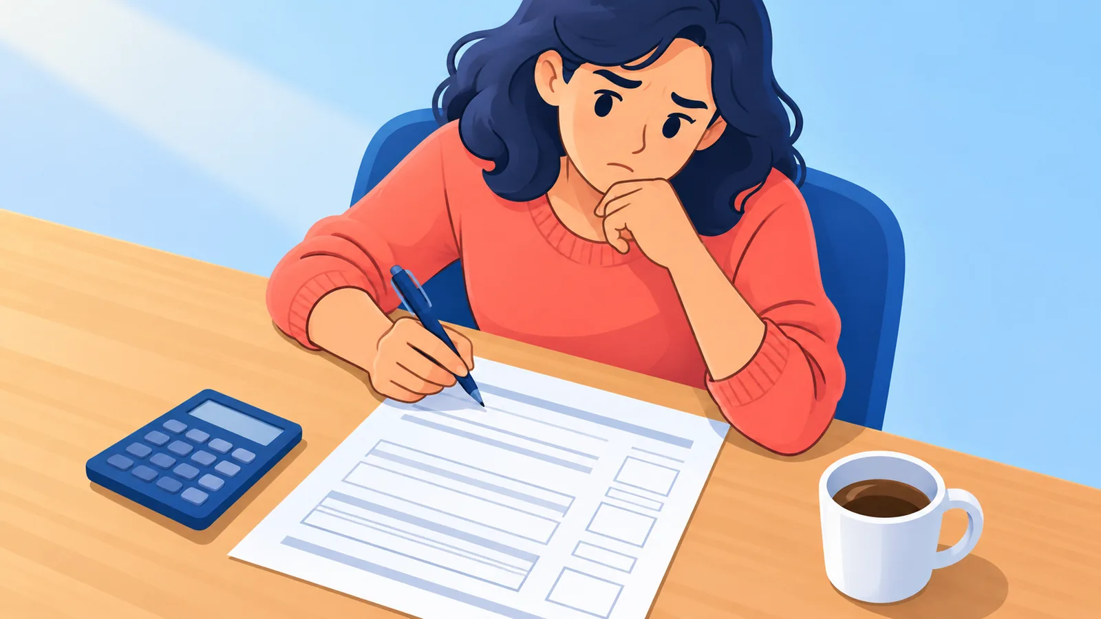 Personne examinant un formulaire fiscal à son bureau avec une calculatrice