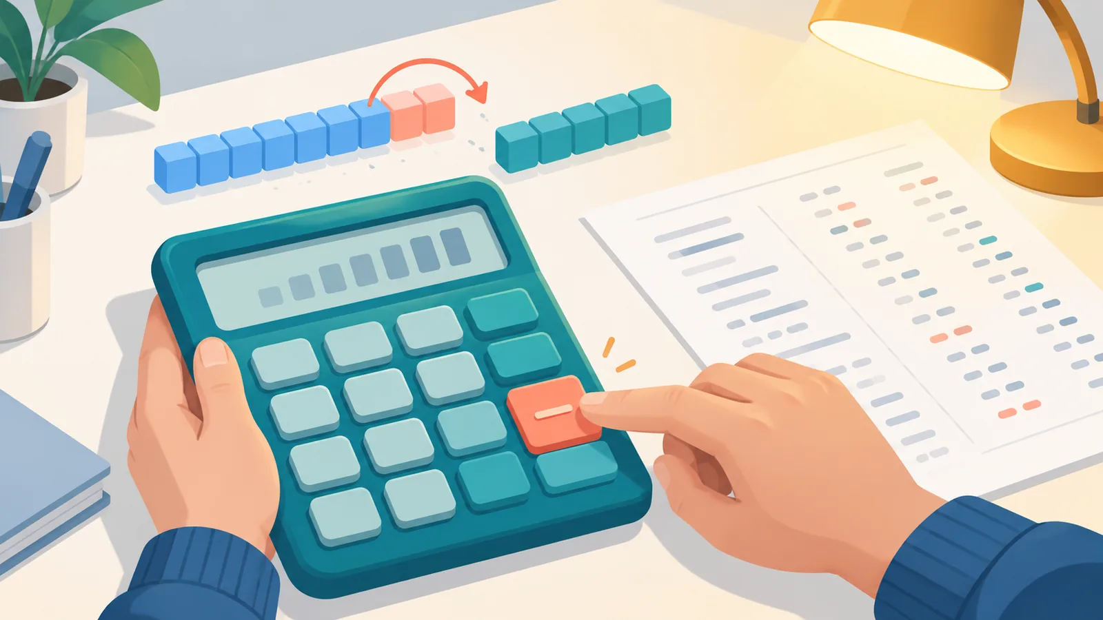 Mains effectuant une soustraction sur une calculatrice à côté de colonnes de chiffres