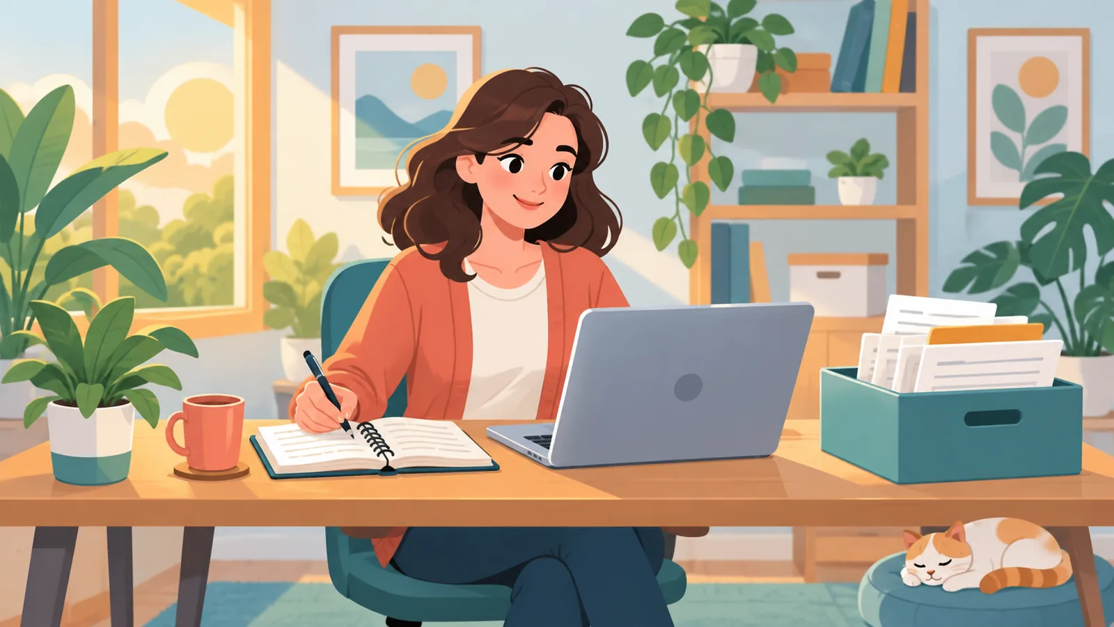 Travailleur indépendant à son bureau avec ordinateur, carnet et factures