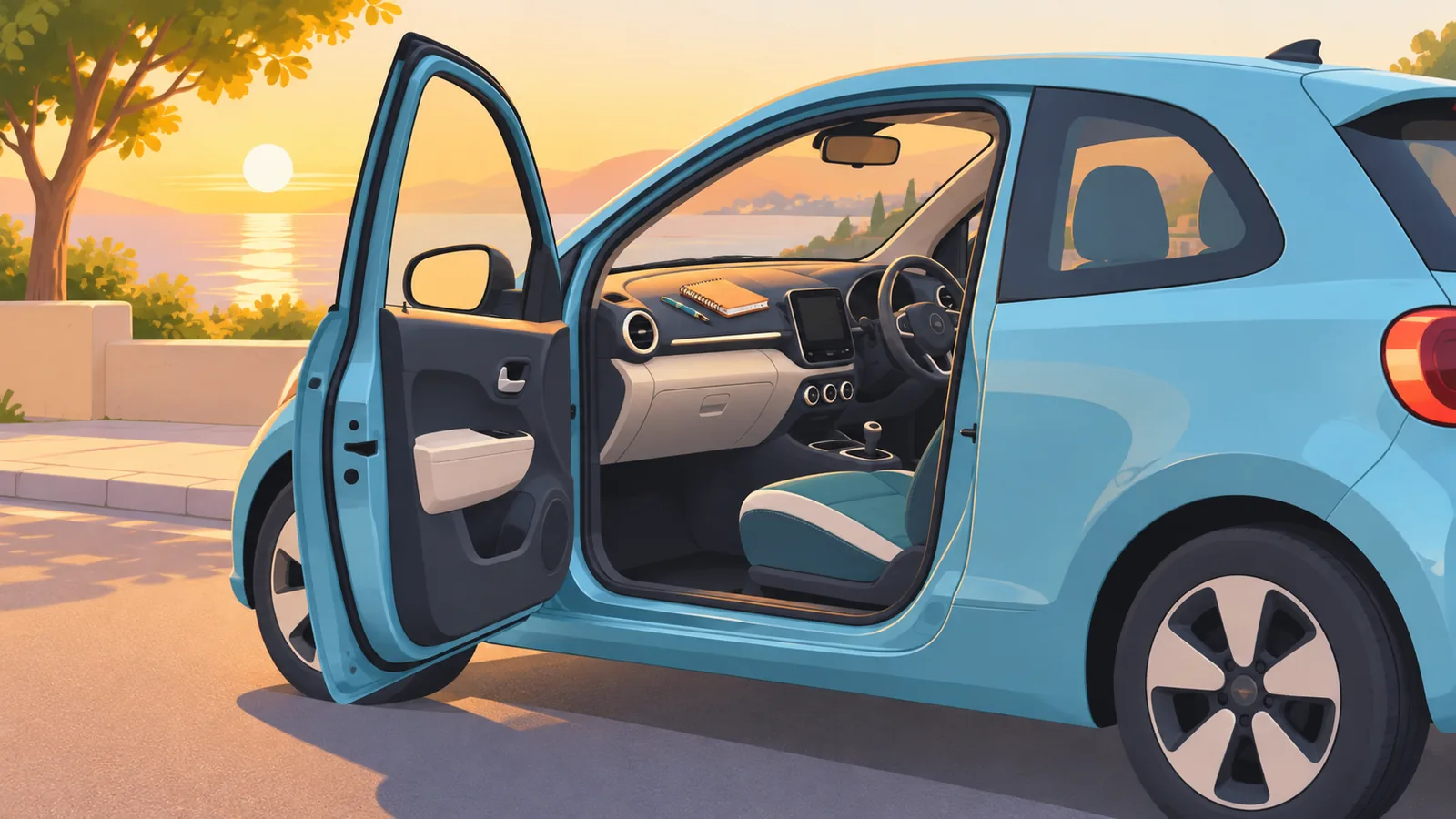 Voiture garée avec un carnet de trajets posé sur le tableau de bord
