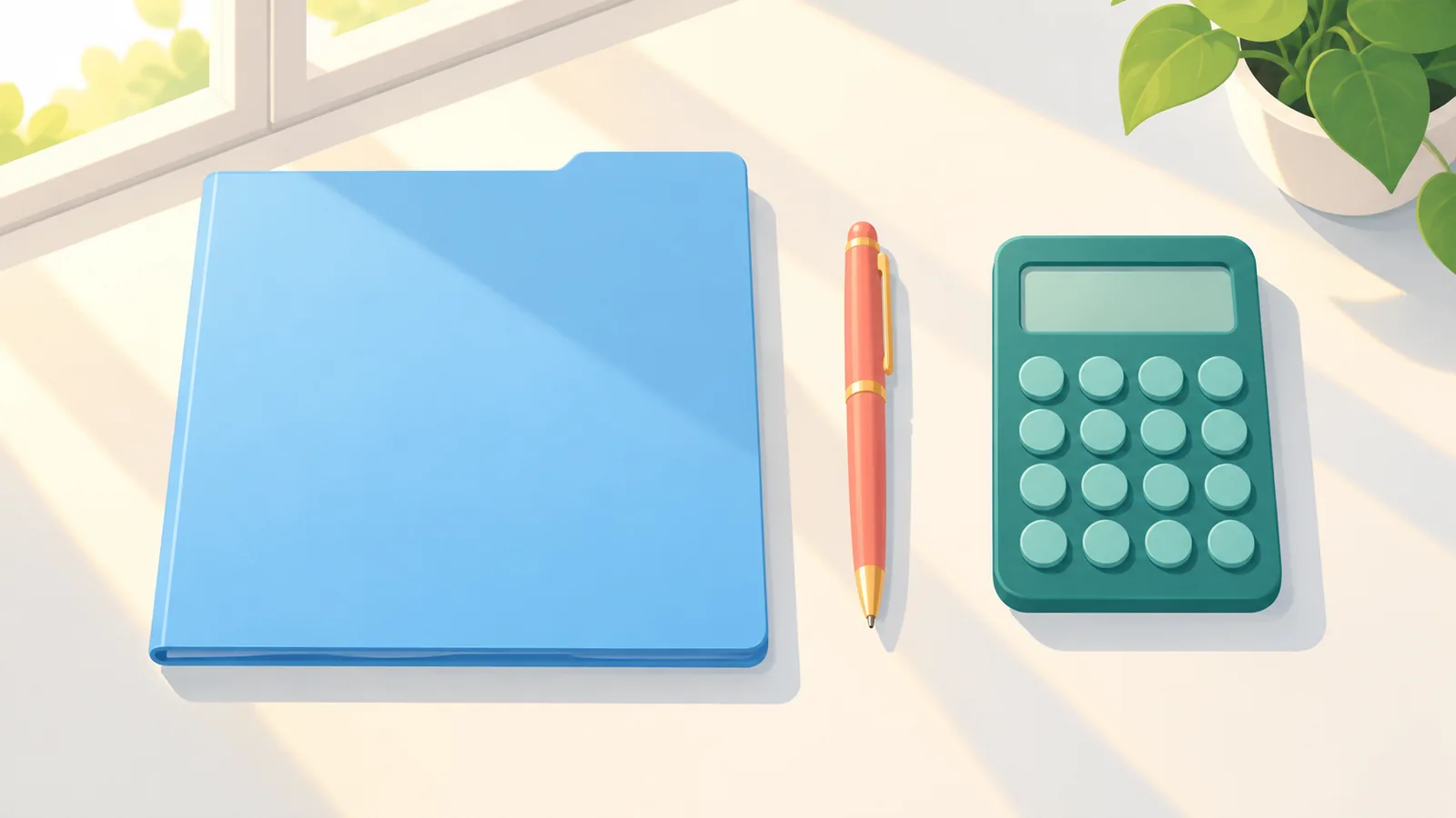 Bureau ordonné avec dossier fermé, stylo et calculatrice