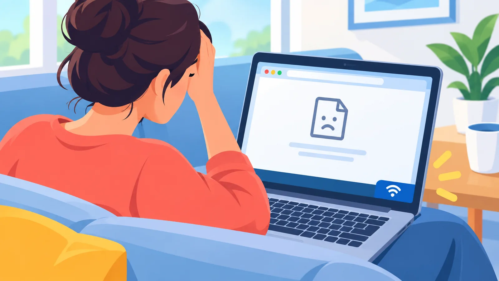 Personne devant un ordinateur portable dont la page ne se charge pas malgré l'icône Wi-Fi connectée