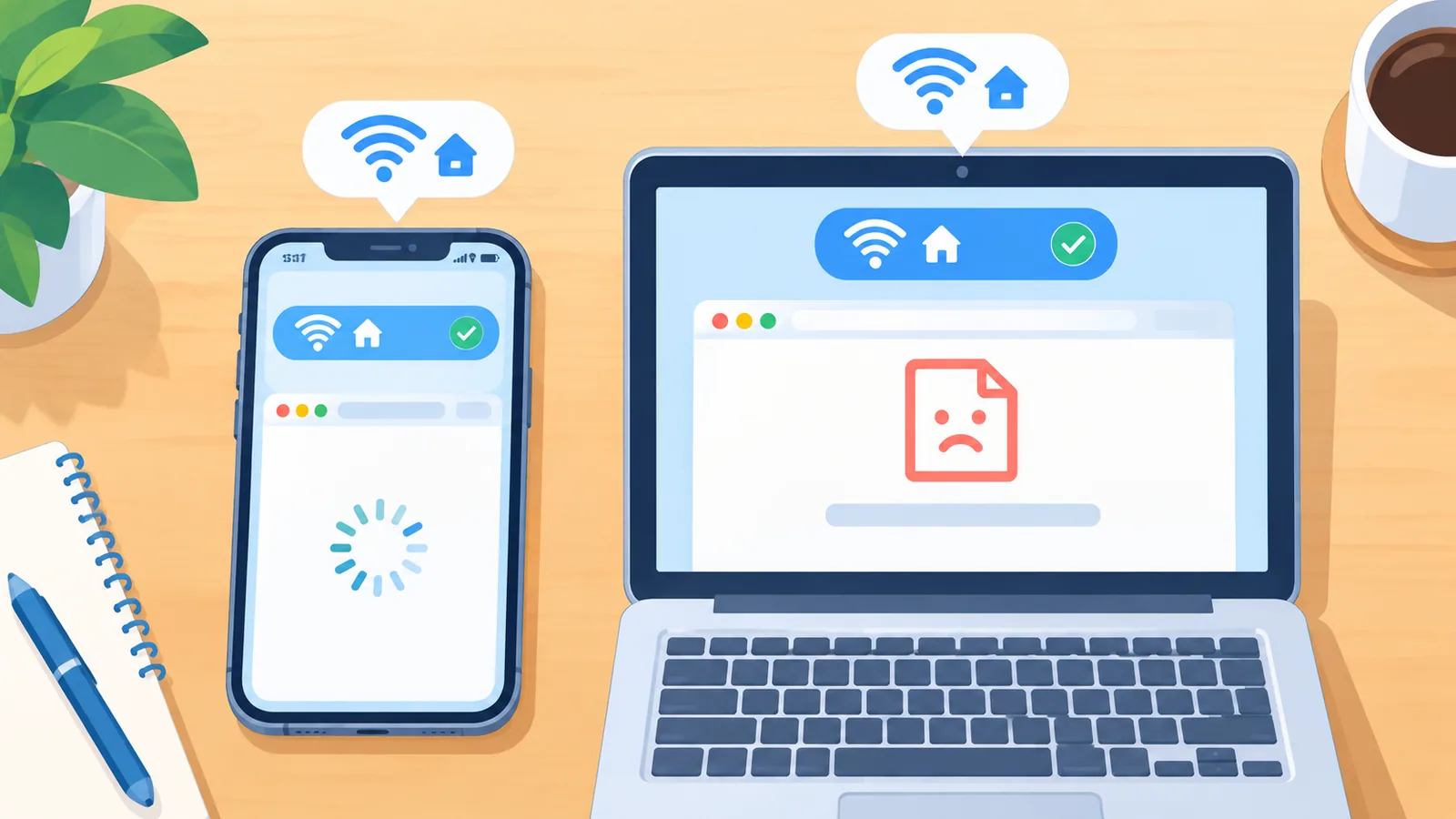 Téléphone et ordinateur côte à côte sur le même Wi-Fi, l'un fonctionne et l'autre non