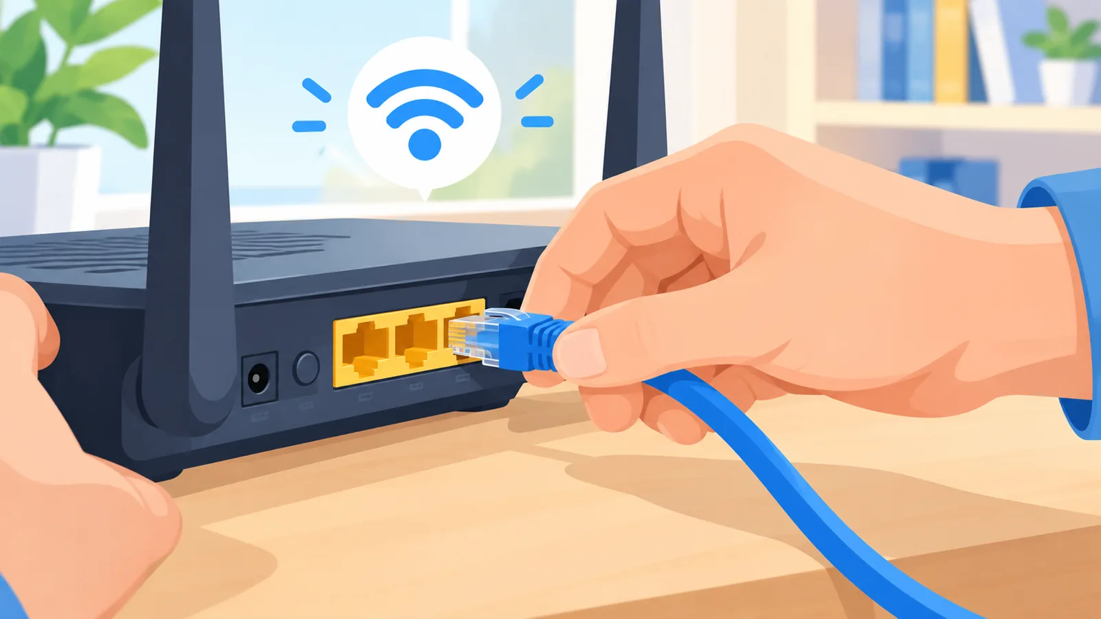 Mains branchant fermement un câble Ethernet à l'arrière d'un routeur