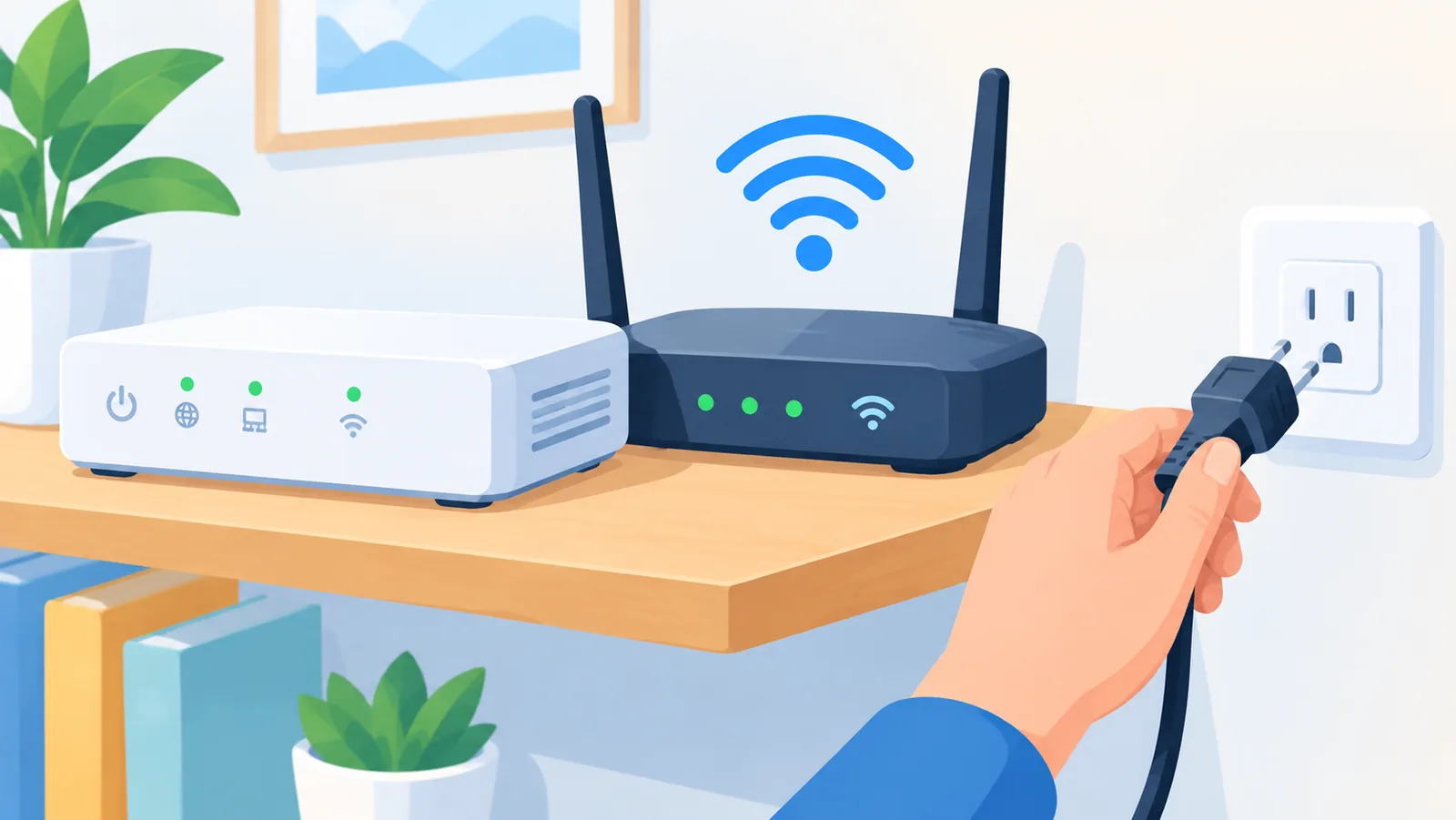 Modem et routeur sur une étagère avec une main prête à rebrancher l'alimentation