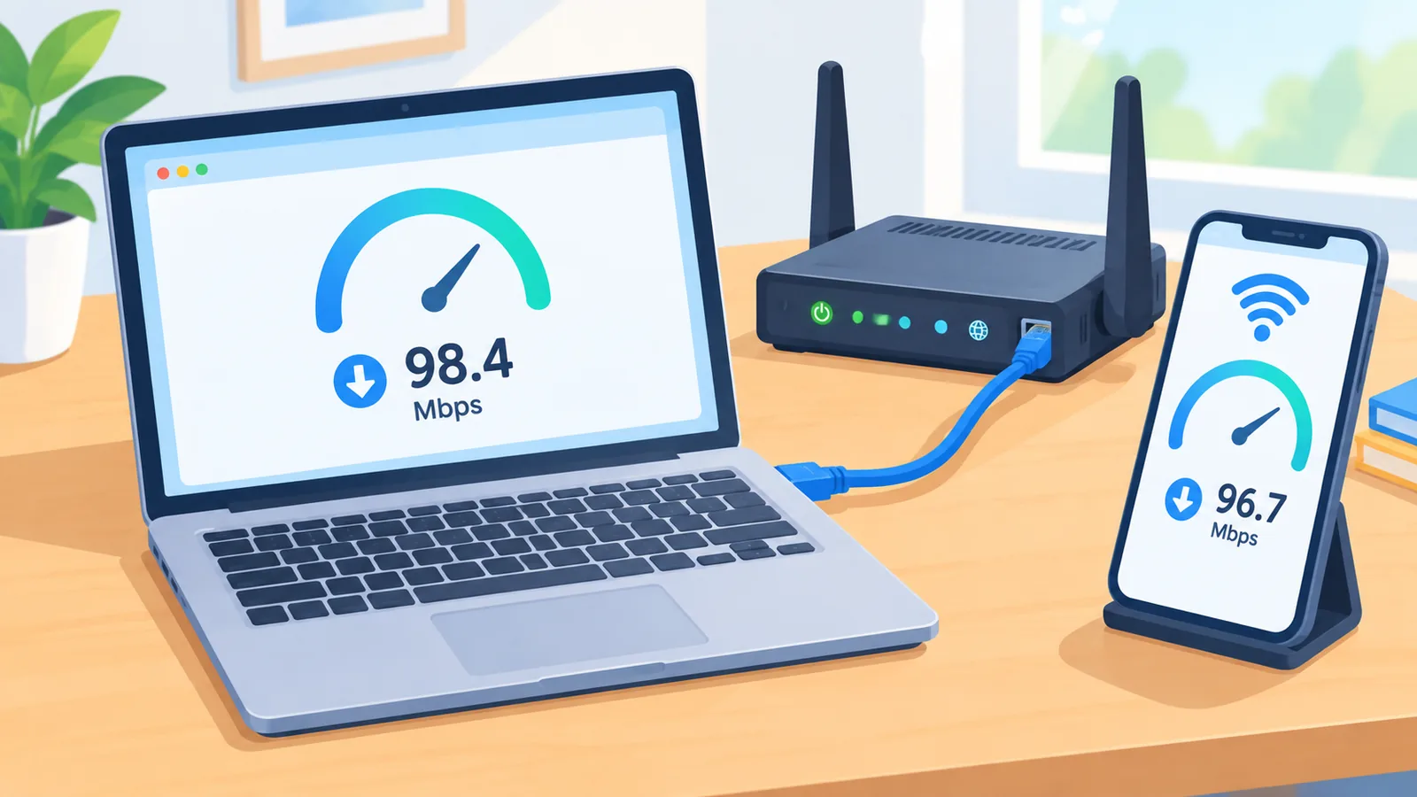 Ordinateur relié en Ethernet au routeur à côté d'un téléphone affichant un test de débit