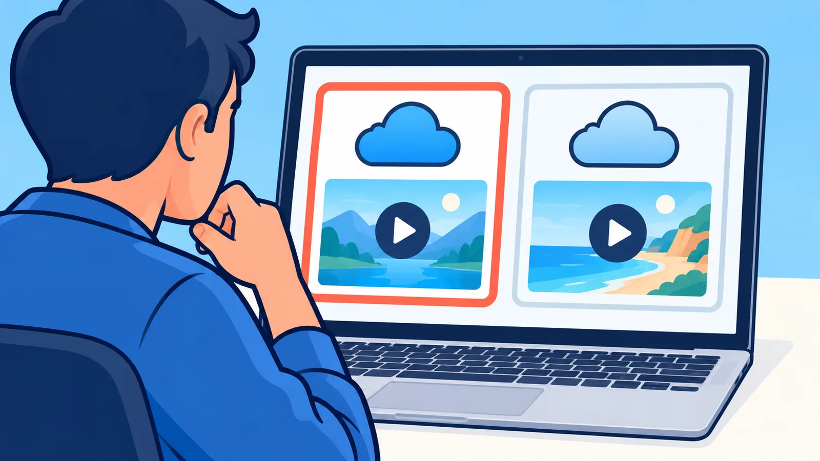 Personne comparant des services de stockage cloud sur un ordinateur portable avec des miniatures de vidéos
