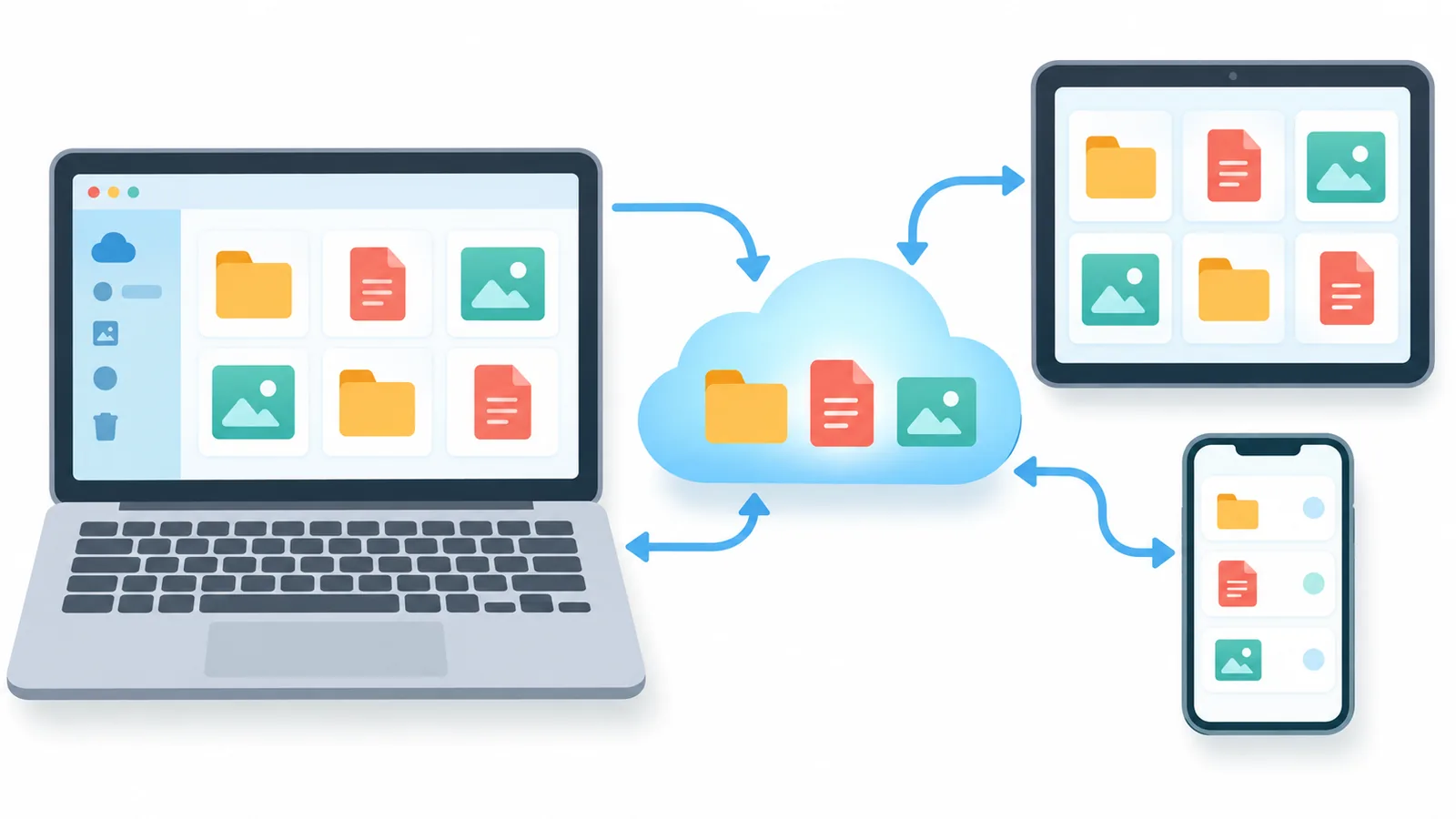 Ordinateur, tablette et téléphone affichant différentes interfaces de stockage cloud