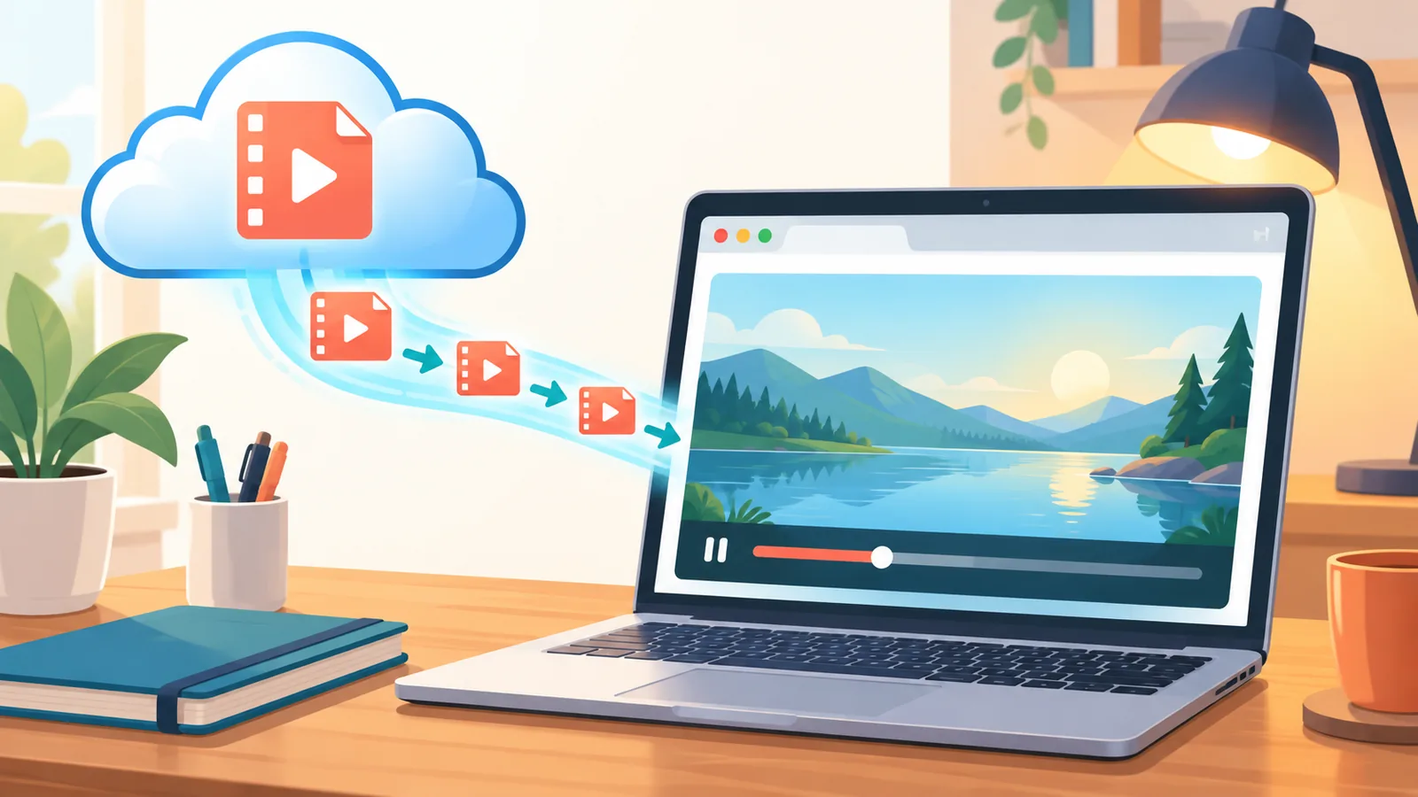 Ordinateur lisant une longue vidéo depuis un cloud dans le navigateur