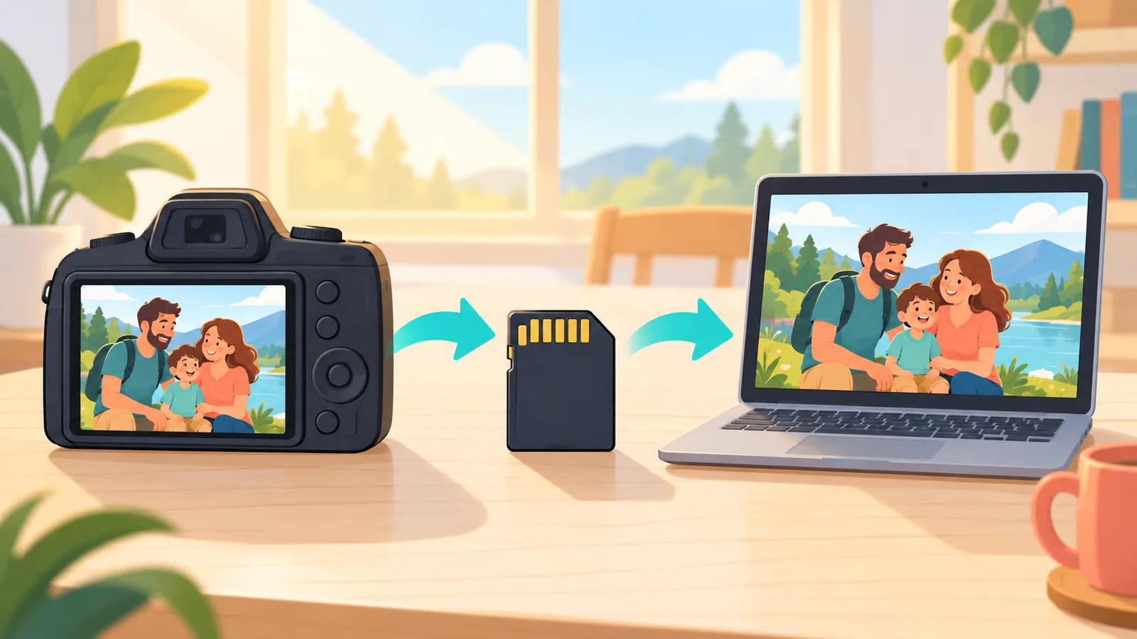 Appareil photo familial, carte mémoire et ordinateur sur une table en bois
