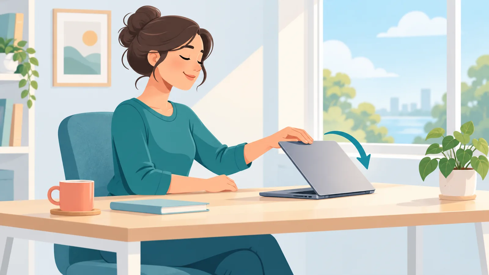 Personne refermant son ordinateur portable avec le sourire à un bureau lumineux