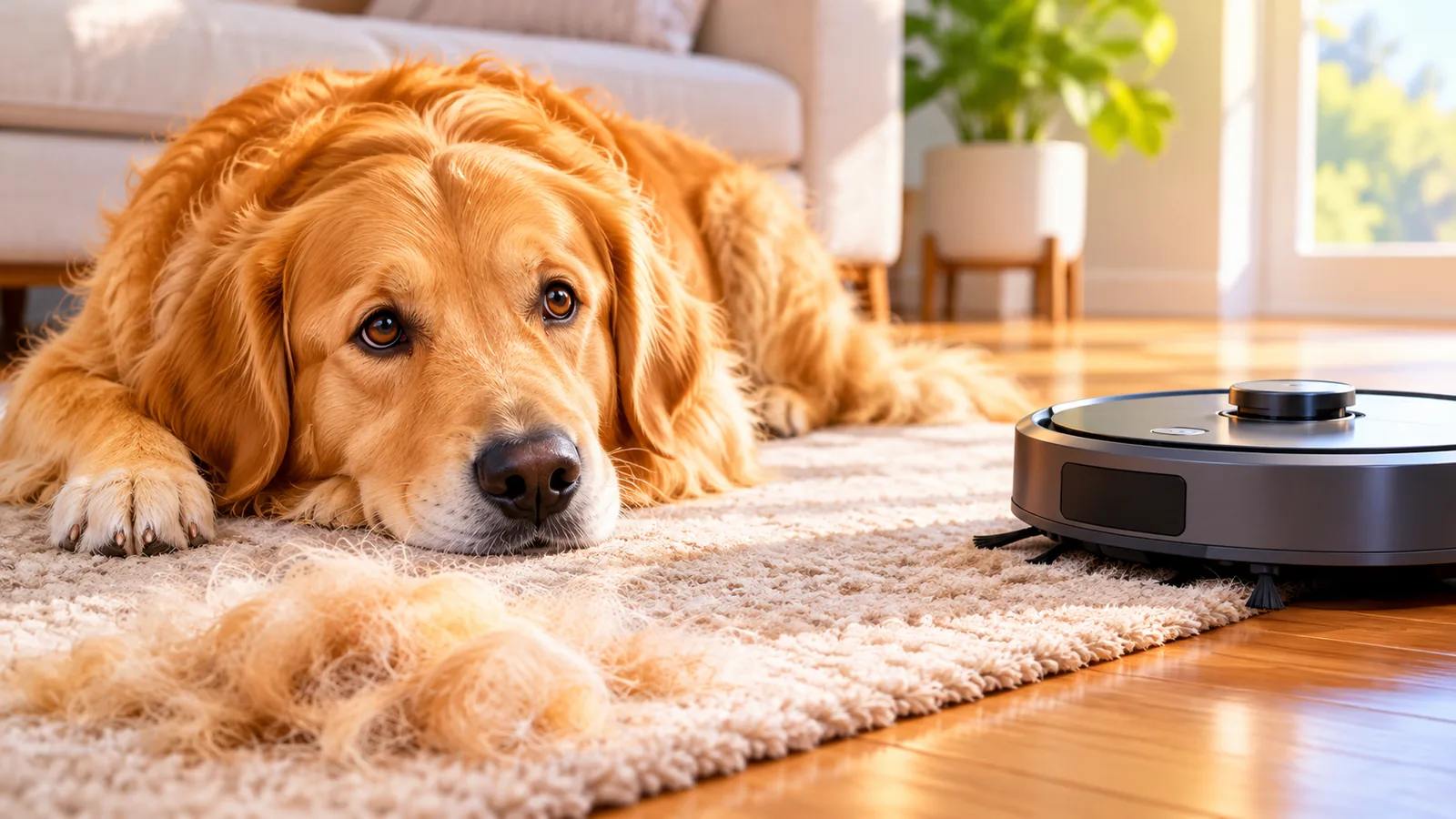 Chien allongé sur un tapis avec des poils visibles et un robot aspirateur à proximité