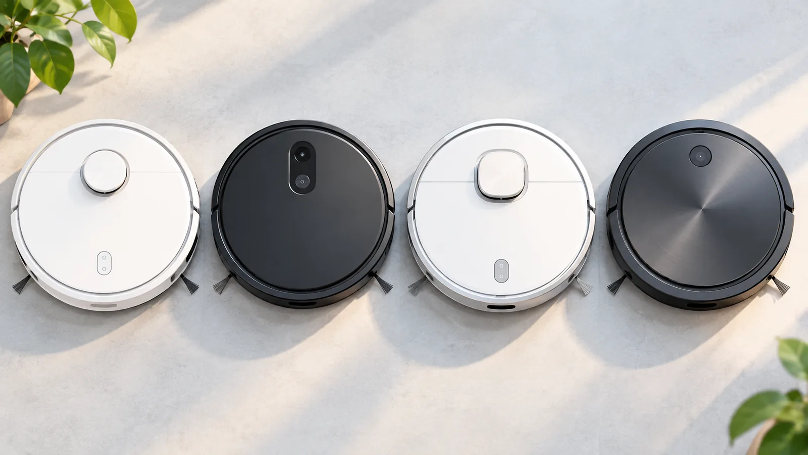 Quatre robots aspirateurs alignés vus du dessus pour comparaison