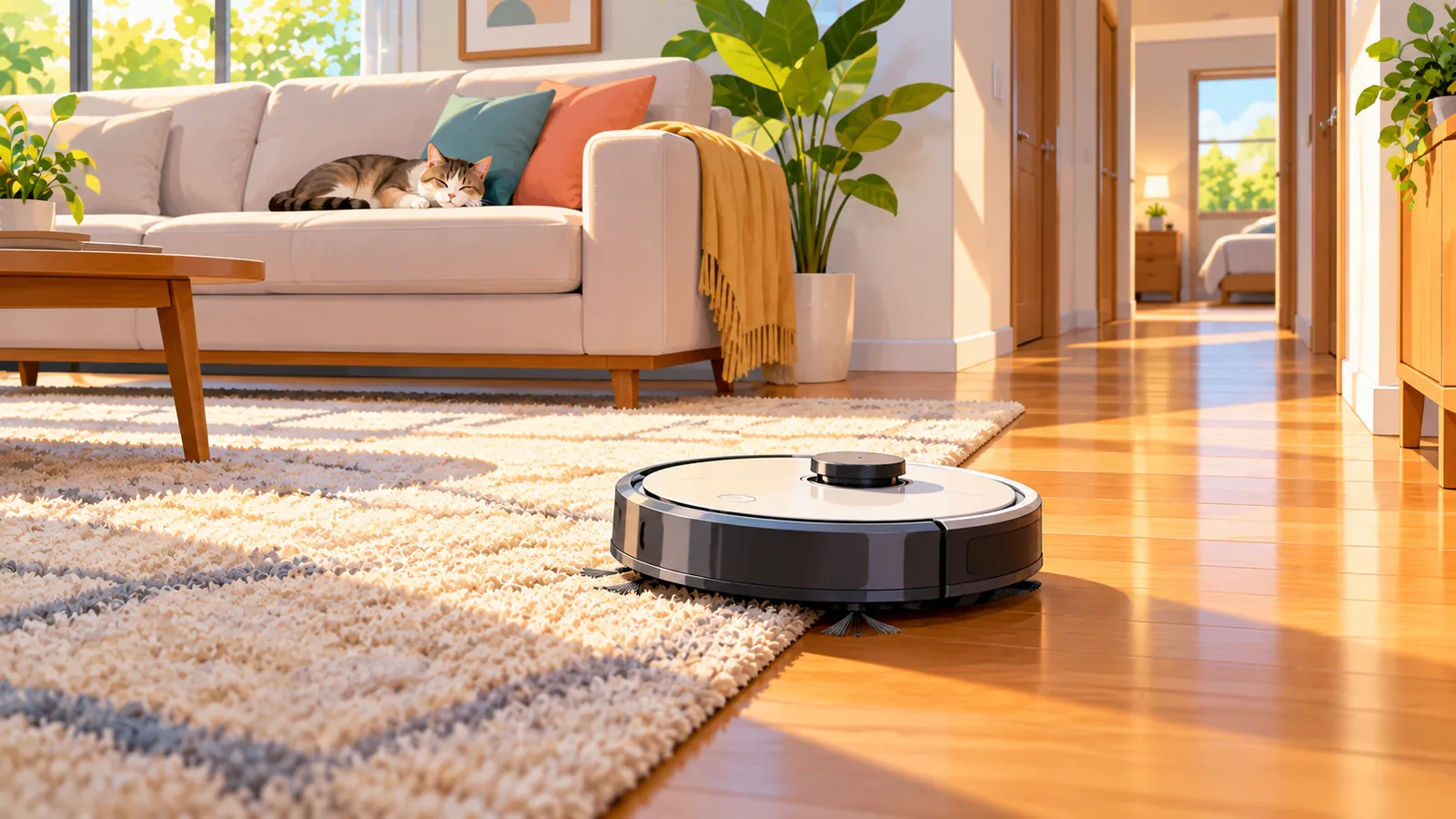 Robot aspirateur passant d’un tapis à un parquet dans un appartement avec un chat
