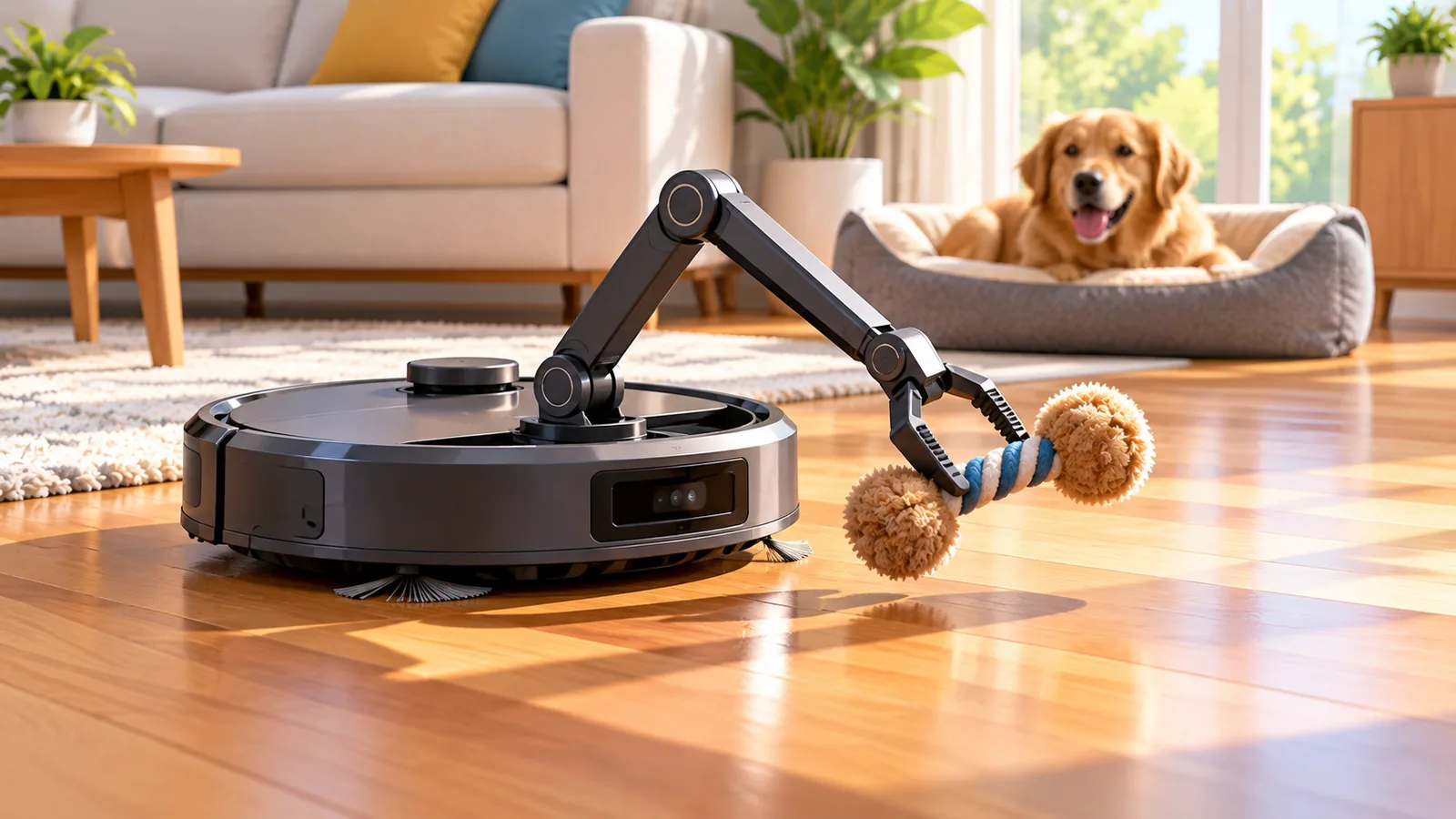Robot aspirateur muni d’un bras mécanique soulevant un jouet pour chien