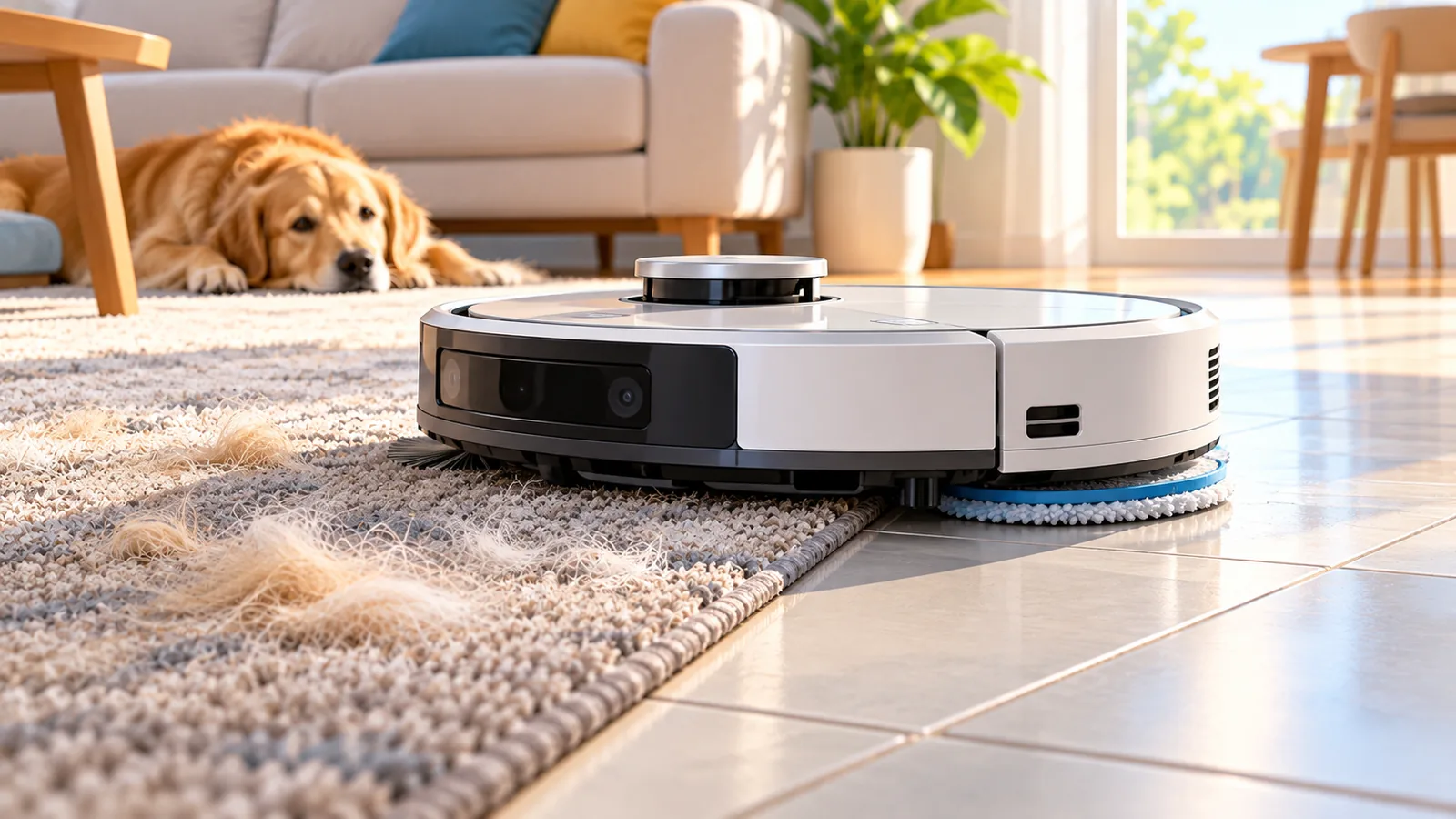 Robot aspirateur avec serpillière à la jonction d’un tapis et d’un carrelage