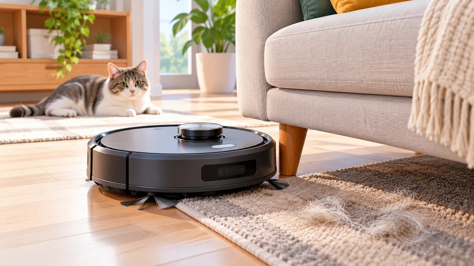 Robot aspirateur compact à capteur laser nettoyant près d’un canapé