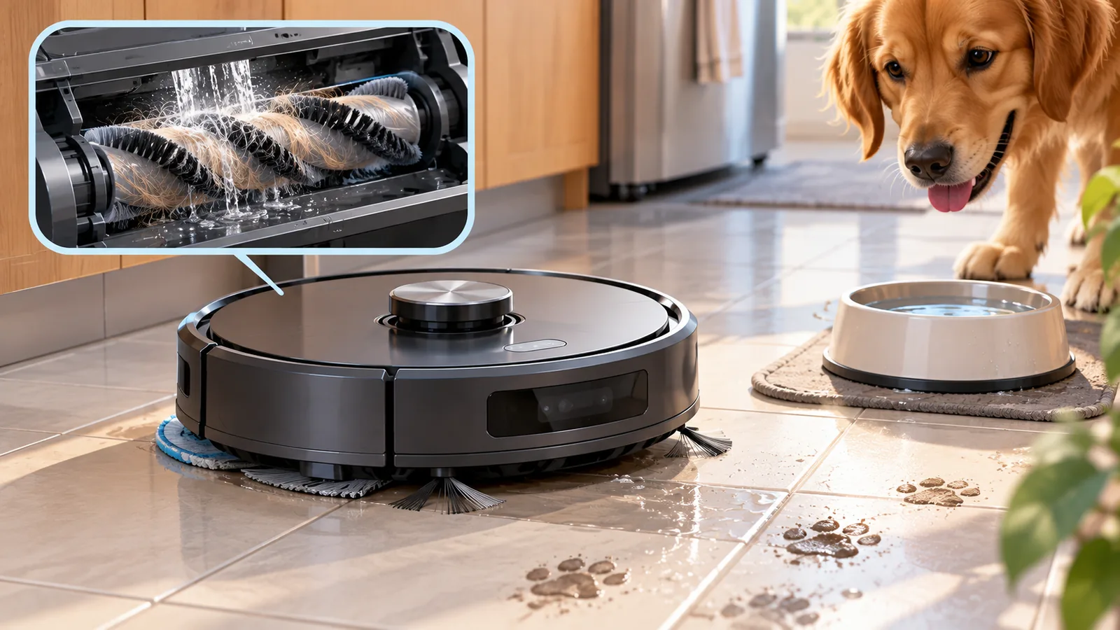 Robot aspirateur et laveur dans une cuisine près d’une gamelle pour chien
