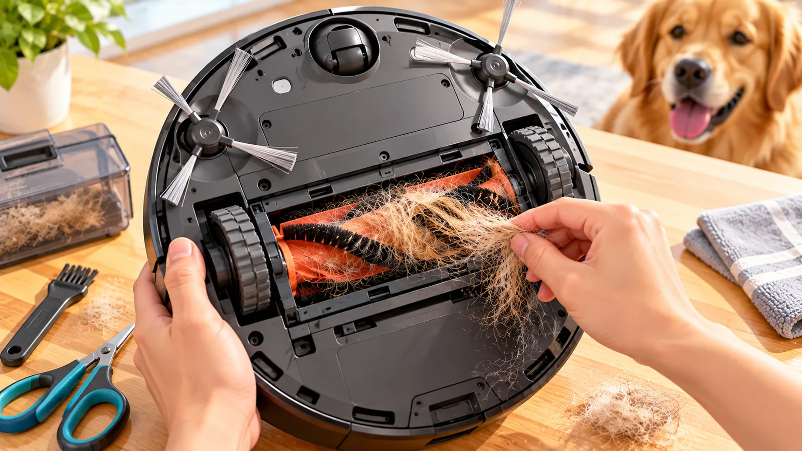 Brosse de robot aspirateur enroulée de poils d’animaux tenue à deux mains
