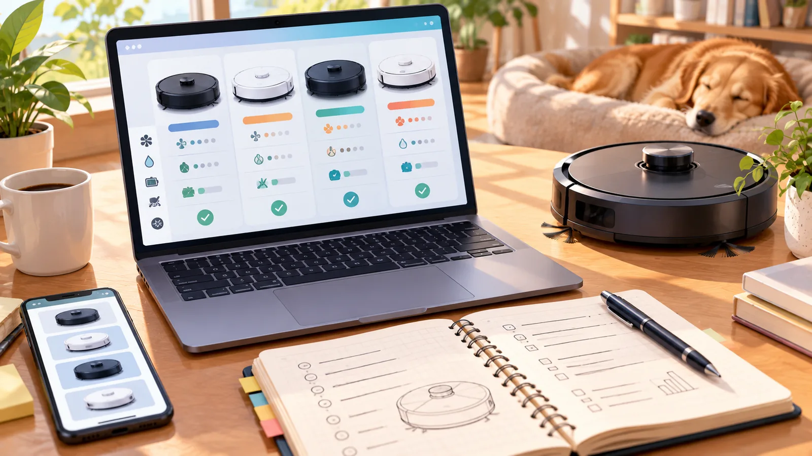 Bureau avec ordinateur, notes et petit robot aspirateur pour comparer les tests